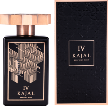 Perfumy Kajal IV, elegancka czarna butelka ze złotym wzorem i miedzianą nakrętką, obok pasujące pudełko. Widok z przodu.