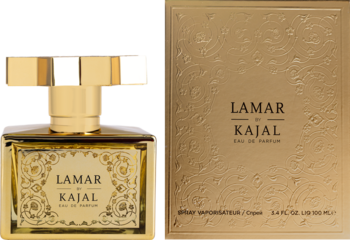 Kajal Lamar Eau de Parfum w złotej butelce z bogatymi zdobieniami oraz pasujące złote opakowanie, widok z przodu.