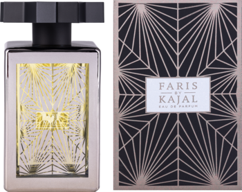 Kajal Faris perfumy, butelka z metalową ramą i złotym wzorem, obok czarno-złote pudełko art deco.