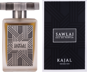 Kajal Sawlaj Eau de Parfum: matowa butelka i czarne pudełko z geometrycznym wzorem, widok z przodu.