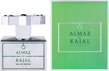 Woda perfumowana Kajal Almaz unisex. Biała butelka z geometrycznym korkiem i zielone pudełko, widok z przodu.
