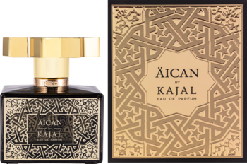 Kajal Äican woda perfumowana owocowo-orientalna. Ciemna butelka i złote pudełko z arabskim wzorem.