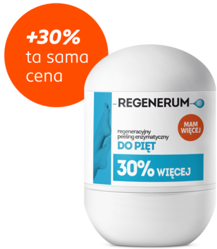 Regenerum peeling enzymatyczny do pięt, biały słoik z niebieską etykietą, widok z przodu, oferta +30% produktu.