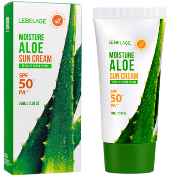 LEBELAGE Moisture Aloe Sun Cream SPF 50, biało-zielona tubka i pudełko z liściem aloesu, widok z przodu.