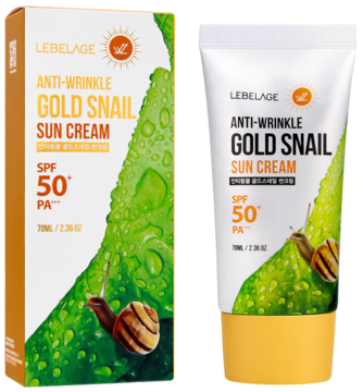 Krem LEBELAGE Gold Snail Sun Cream SPF 50+ PA+++ w pomarańczowo-zielonym opakowaniu i tubce, widok z przodu.