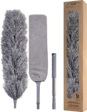 Ewa Schmitt HOME, zestaw: teleskopowa szczotka i dwie szare puszyste nakładki do kurzu, z opakowaniem.