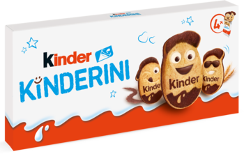 Front opakowania Kinder Kinderini: białe tło, pomarańczowy pasek, trzy wesołe ciastka z czekoladą.