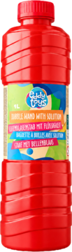 Czerwona butelka płynu do baniek mydlanych Eddy Toys 1L z kolorową etykietą. Widok z przodu.