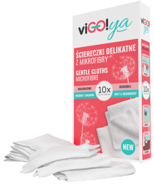 Biało-różowe opakowanie Vigo!ya Ściereczki Delikatne z Mikrofibry (10x) z kilkoma białymi ściereczkami obok.