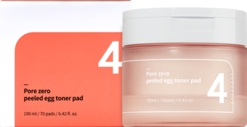 Numbuzin No.4 Pore Zero Toner Pad, różowy słoik i opakowanie, zwężające pory, widoczne cyfra 4.