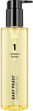 Numbuzin No.1 Easy Peasy Cleansing Oil w przezroczystej butelce z czarną pompką, widok z przodu.