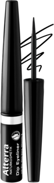 Alterra Dip Eyeliner czarny, z organicznym aloesem, w butelce, obok aplikator z precyzyjnym cienkim pędzelkiem.