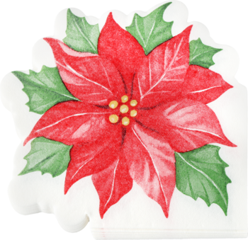 Świąteczna serwetka Alouette w kształcie Gwiazdy Betlejemskiej. Czerwona poinsecja, zielone liście, detale akwareli.
