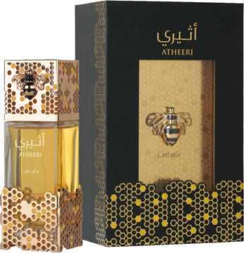 Atheeri by Lattafa, orientalny zapach. Złoty perfum w szklanym flakonie, czarne pudełko z motywem pszczoły i plastra miodu.