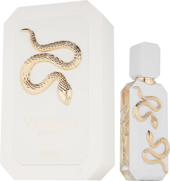 Flakon perfum Veneno Bianco i jego pudełko, białe z błyszczącym złotym wężem, ujęcie z przodu.