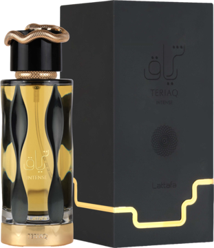 Lattafa Teriaq Intense perfumy, butelka z falistym szkłem i złotym wężem na korku, obok czarne pudełko.