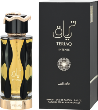 Lattafa Teriaq Intense woda perfumowana. Stojąca butelka ze złotym płynem, czarnymi detalami i czarne pudełko.