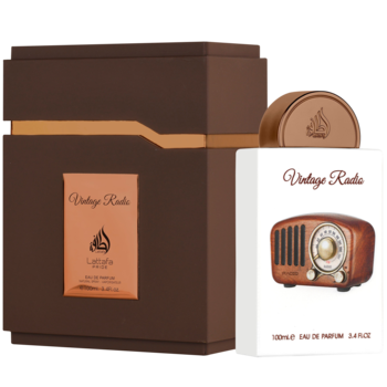 Zestaw perfum Lattafa Vintage Radio: brązowe pudełko i białe opakowanie z grafiką radia, widok z przodu.