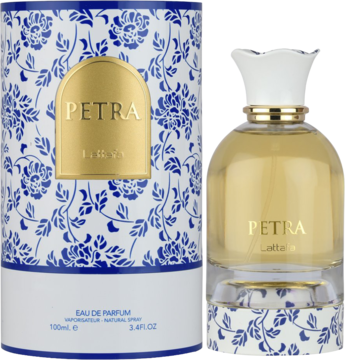 Złoto-biały flakon Petra Lattafa EDP 100ml z niebieskim kwiatowym wzorem obok dopasowanego pudełka. Perfumy unisex.