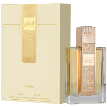 Lattafa Anfaam unisex EDP w kremowym pudełku i złotej butelce z arabskim pismem, widok z przodu.