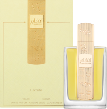 Woda perfumowana Lattafa Angham EDP w jasnożółtym opakowaniu i butelce ze złotymi detalami.