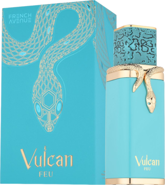 Turkusowy flakon i pudełko perfum French Avenue Vulcan Feu ze złotym wężem i zdobioną zakrętką.