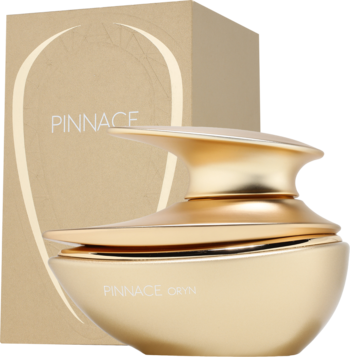 Złota butelka perfum Pinnace Oryn w eleganckim kształcie. Świeży, cytrusowy zapach. Widok z przodu z pudełkiem w tle.