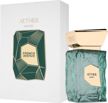 Białe pudełko i szmaragdowa, fakturowana butelka perfum Aether Extrait French Avenue.