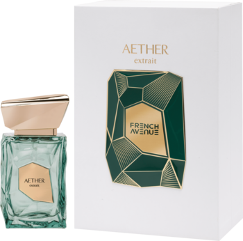 Elegancka woda perfumowana French Avenue Aether, butelka z zielonym płynem obok białego pudełka z geometrycznym wzorem.