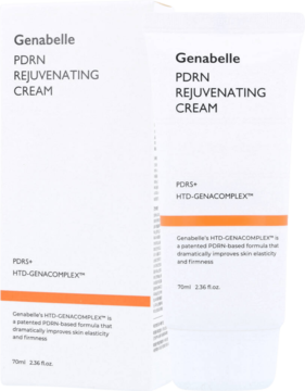 Biała tubka i pudełko Genabelle PDRN Rejuvenating Cream, widok z przodu, z czarno-pomarańczowymi napisami.