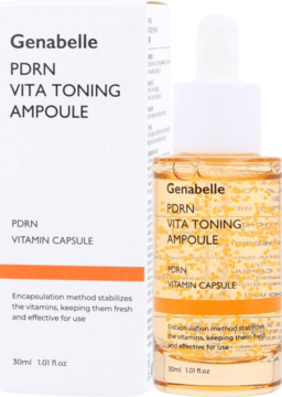 Serum Genabelle PDRN Vita Toning Ampoule w białym pudełku i butelce z pomarańczowym płynem i kapsułkami.