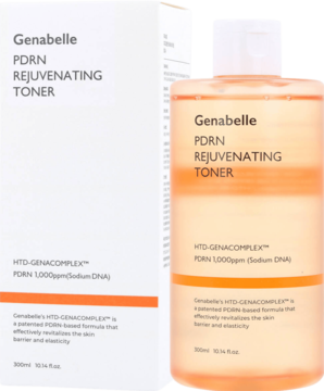 Tonik Genabelle PDRN Rejuvenating 300ml, w białym kartonie i przezroczystej butelce z żółtym płynem, widok z przodu.