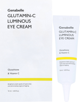 Genabelle Glutamin-C Luminous Eye Cream, rozświetlający, w białej tubce i pudełku, z glutationem i witaminą C.