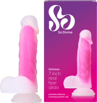 Różowo-białe silikonowe dildo So Divine Glorious 7 cali z przyssawką, obok fioletowego opakowania.
