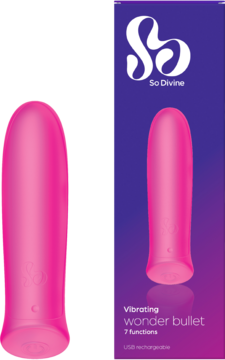 Różowy, silikonowy wibrator So Divine Wonder Bullet z logo, obok fioletowego opakowania 7 funkcji.