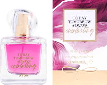 Avon Today Tomorrow Always Everlasting, różowa woda perfumowana w szklanej butelce ze złotą nakrętką, obok karta.