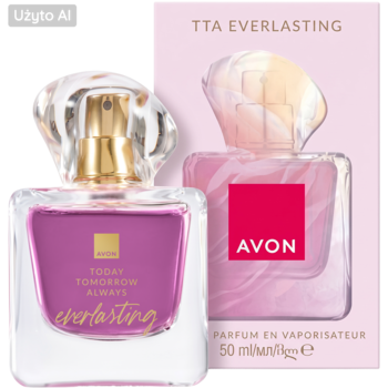 Perfumy Avon TTA Everlasting 50ml w fioletowo-różowej butelce i różowym kartoniku, widok z przodu.