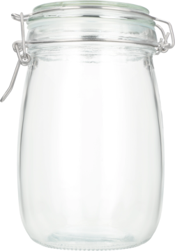 Słoik szklany z metalową klamrą, przezroczysty, z hermetycznym zamknięciem. Widok z przodu na białym tle.
