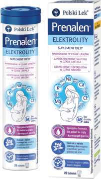 Dwa biało-niebieskie opakowania musujących tabletek Polski Lek Prenalen Elektrolity dla kobiet w ciąży i karmiących.