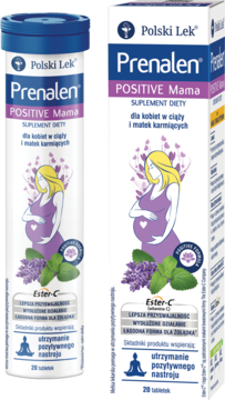Suplement Prenalen Positive Mama w niebieskiej tubie i biało-fioletowym pudełku, z Ester-C, wspiera nastrój kobiet w ciąży.