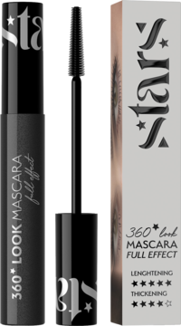 Mascara Stars 360 Look Full Effect: czarna tubka z aplikatorem i zamknięta, oraz białe opakowanie produktu.
