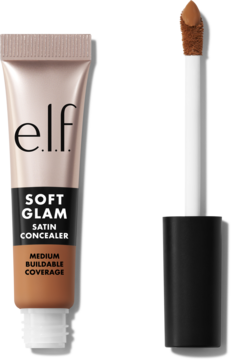 e.l.f. Soft Glam Satin Concealer w tubce w odcieniach różowego złota, z aplikatorem ze średnim beżem.