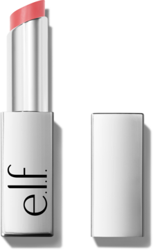 Otwarty, koloryzujący balsam do ust e.l.f. w srebrnej tubce, z wysuniętym koralowym sztyftem i oddzielną białą nakrętką.