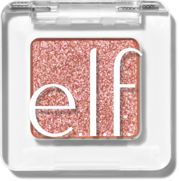 Metaliczny cień do powiek elf w odcieniu rose gold z logo, w przezroczystym, kwadratowym opakowaniu, widok z góry.