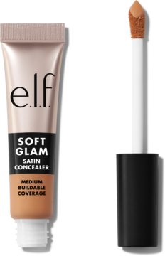 E.L.F. Soft Glam Satin Concealer w beżowej tubce z odkręconym aplikatorem, brązowy odcień medium.