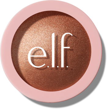 e.l.f. rozświetlacz w okrągłym różowym kompakcie, złoto-brązowy z perłowym połyskiem, widok z góry.