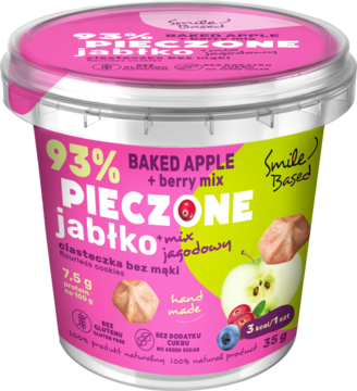 Kubek deseru Smile Based, 35g: 93% pieczone jabłko z mixem jagodowym, biały z różowo-zieloną etykietą, widok z przodu.