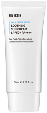 White Rovectin Soothing Sun Cream SPF50+ PA++++ tube, front view, with blue and black text, 50ml.