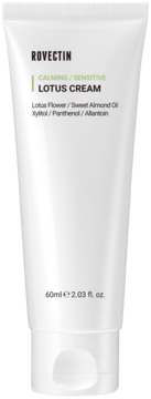 Biała tubka Rovectin Calming/Sensitive Lotus Cream 60ml, widok z przodu, zielone logo i tekst.