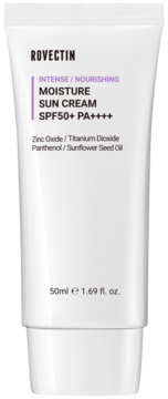 Biała tubka Rovectin Moisture Sun Cream SPF50+ PA++++, fizyczny filtr, widok z przodu, fioletowe napisy, 50ml.